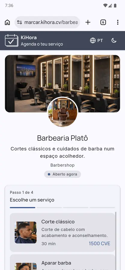 Barbearia Platô’s booking page at marcar.kihora.cv, on a phone.