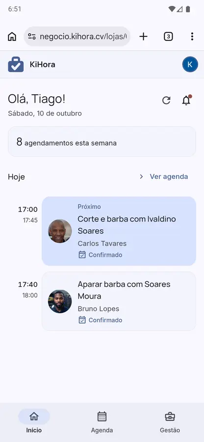 The negocio.kihora.cv home screen on a phone, with today’s bookings.